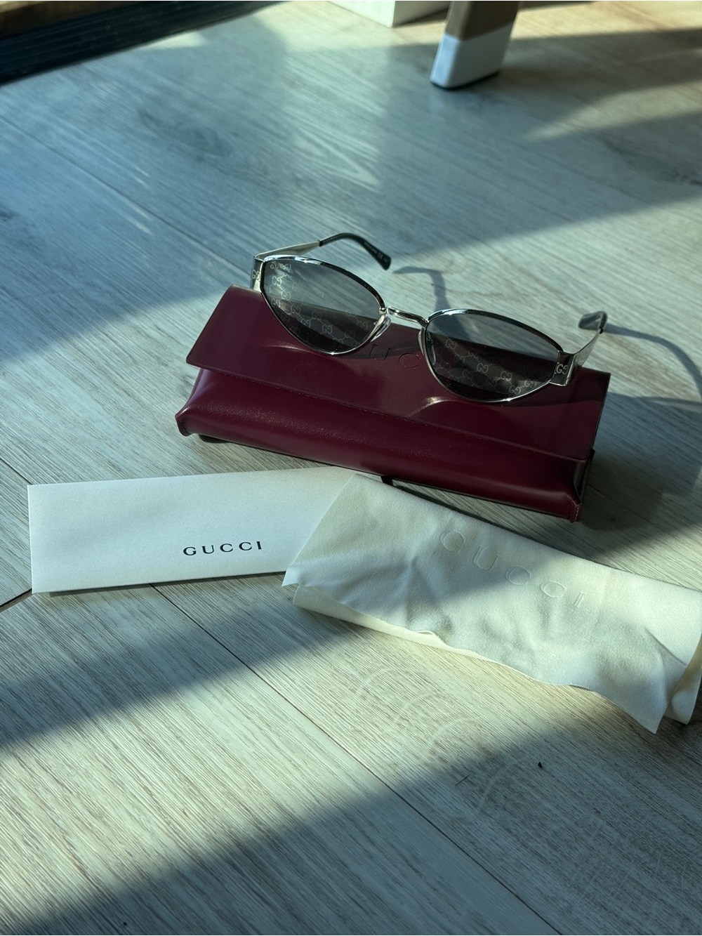 Gucci Silver-Tone Sunglasses with Burgundy Case